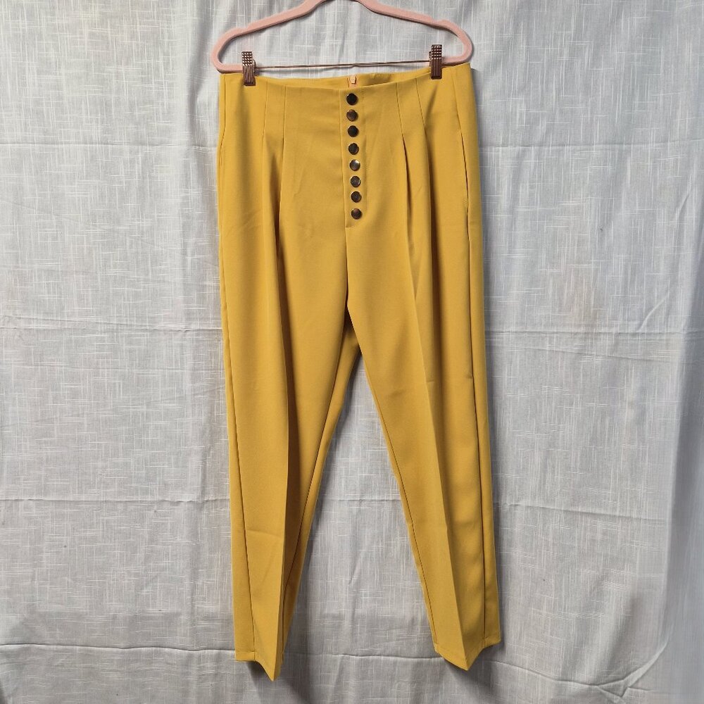 Mustard Yellow High Waist Button Front Pants Women’s Large Tapered Leg Stretch